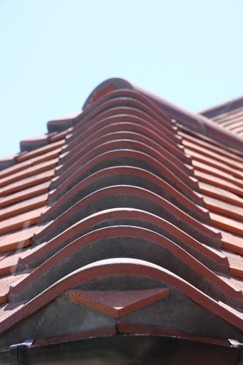 Close-up of red curved ridge roof tiles